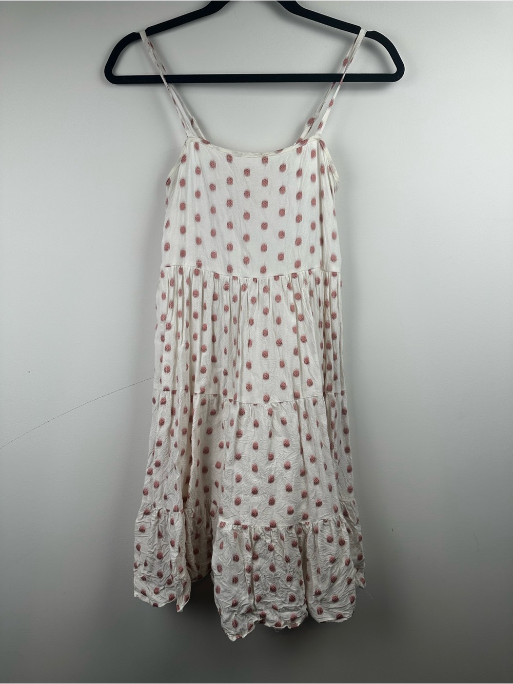 ' White Dress with Pink Dot Print - Lightweight Tiered Summer Dress